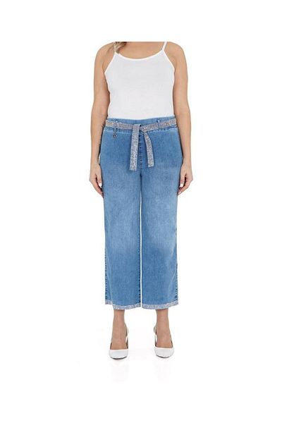 Yeşilmoda Jeans, Straight Leg, Blue, High Waist, Rhinestone Embroidery, High Quality, with Belt