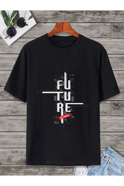 ELNOYA تي شيرت قطني أسود كبير الحجم مطبوع عليه عبارة "المستقبل هو الآن" تي شي...