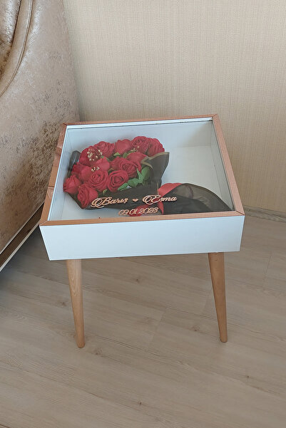 Verda Çerçeve Beyaz-rosegold Derin Isim Tarihli Anı Sehpası! Özel Gün Çiçekleriniz Için Yan Sehpa Hkmyan1