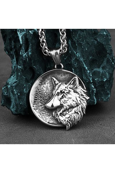 Viking Wolf Freki&Back Norse Mythology Double Faced Medallion 316L Steel Necklace