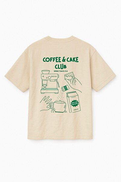 Altair Tr Beige Color Oversize Coffee & Cake Club Printed Unisex T-Shirt T-Shirt