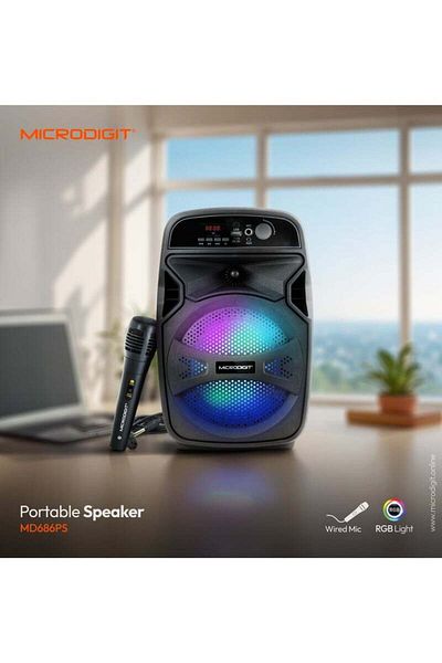 Microdigit مكبر صوت لاسلكي محمول متعدد الوسائط/حفلات/كاريوكي MD686PS أسود