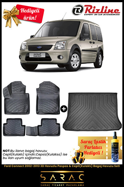 Rizline Ford Connect 2002-2013 Havuzlu Paspas & Cepli(Kulaklı) Bagaj Havuzu Seti+HEDİYELİ!
