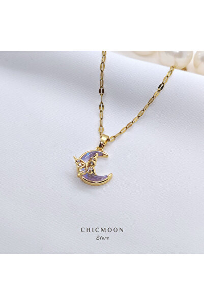 CHICMOON STORE Steel Gold Color Butterfly Detailed Lilac Moon Necklace