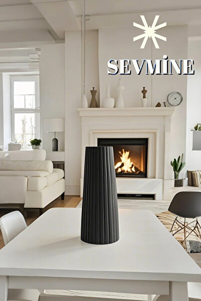 SEVMİNE Vază din beton negru în stil nordic cu dungi boeme – Accesoriu decorativ de 18 cm