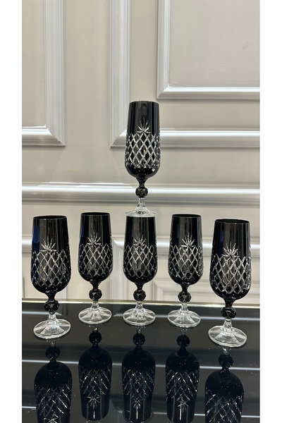 Vakıf home Bohemia Kristal Ayaklı Siyah Renk Kesme El İşi Kahve Yanı Su Bardağı