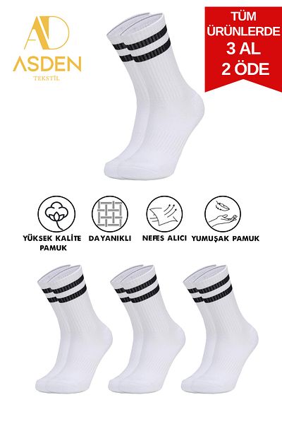 ASDEN Premium Unisex College κάλτσες τένις - Μαύρες ρίγες 3 Συσκευασία