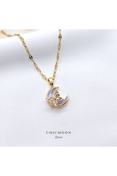 CHICMOON STORE Steel Gold Color Butterfly Detailed Lilac Moon Necklace
