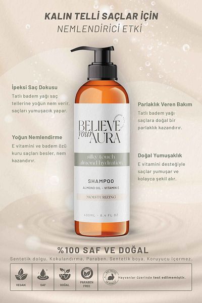 Believe Your Aura Sweet Almond Oil Shampoo - Moisturizing Natural Hair Care Shampoo with Vitamin E - 400 ml
