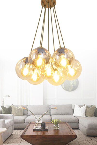 Taşcan Aydınlatma Kapo 7 Li Eskitme Avize Bal Camlı Dekoratif Tasarım Yatak O...