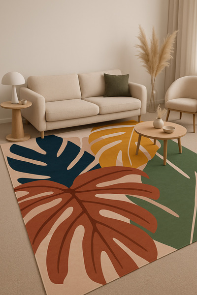 new colourse Makinada Yıkanılabilir Yaprak Desenli Bohem Dijital Baskılı Altı...