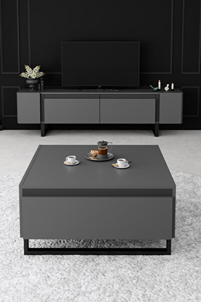 Modatte YILDIZ SİYAH METAL AYAKLI SİYAH TASARIM ANTRASİT TV ÜNİTESİ