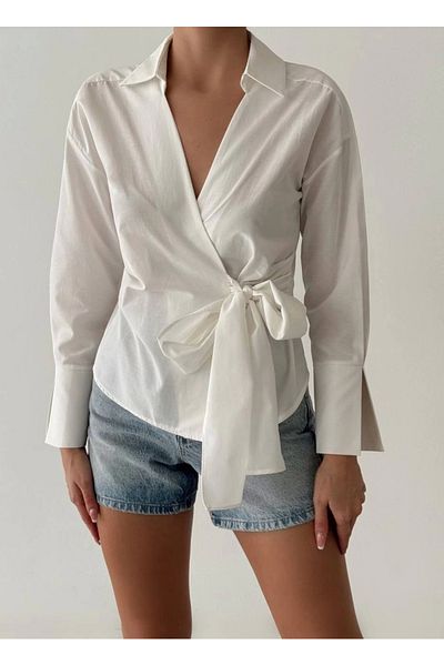 Myra Double Breasted Blouse Shirt with Binding Detail-White