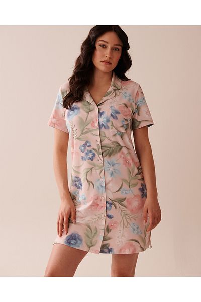 La Vie en Rose Watercolour Flower Print Super Soft Button-down Sleepshirt