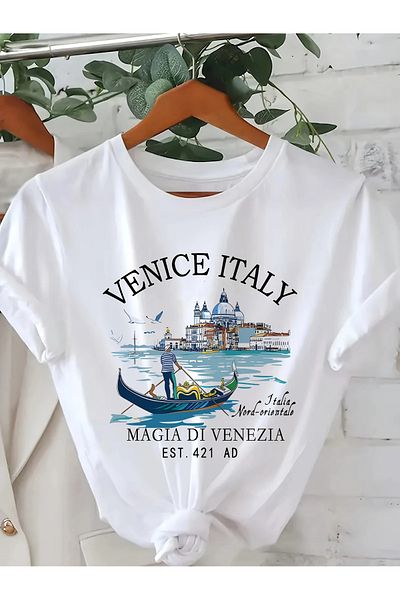 Pink Sky Cotton Oversize Venice Italy Short Sleeve Crew Neck Casual Casual T-Shirt