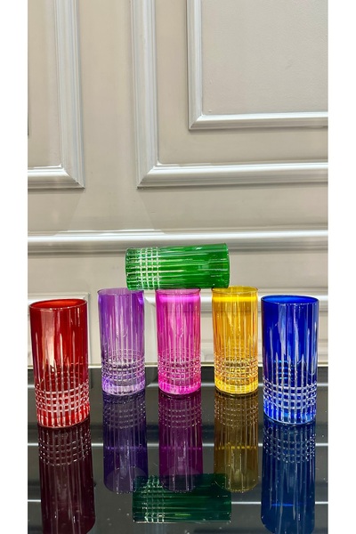 Vakıf home 6 Adet Kesme El İşi Lizbon Renkli Meşrubat Kahve Yanı Su Bardağı