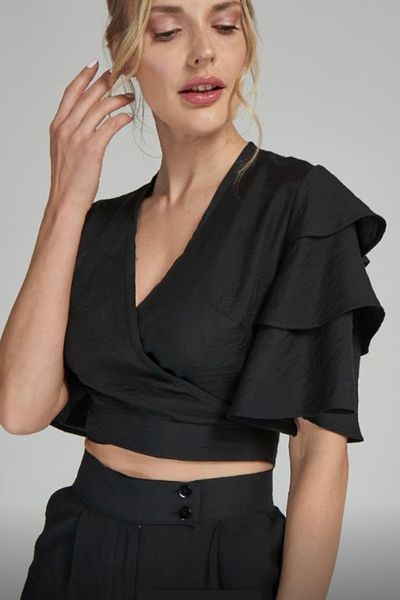 MAABMODA Black Flounce Sleeve Double Breasted Crop