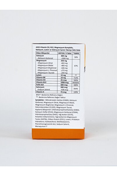AND -Vitamin D3 K2 B12 B9 B6 Magnezyum Kompleks, Kalsiyum, Lutein ve Selenyum...