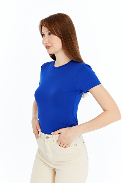 LAENT Bluză cu mânecă scurtă Saks albastră cu gât rotund