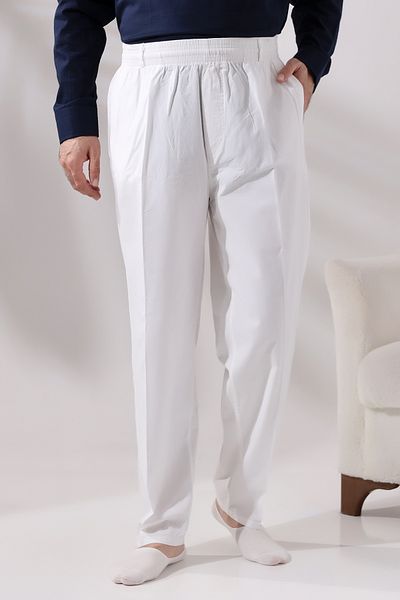 semazen Men's White Relaxed Cut Elastic Waist Linen Hajj and Umrah Shalwar Pants