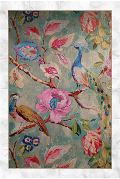 Rugs Modern Halı Pastel Tema Çok Renkli Ağaç Çiçek ve Tavus Kuşu Desenli Krea...