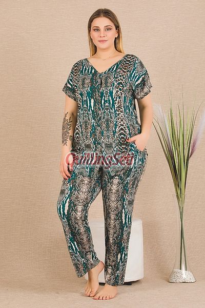 quilling Green - Black Color and Patterned 11030 Short Sleeve Shirt Collar Women's Plus Size Mother Pajamas Set