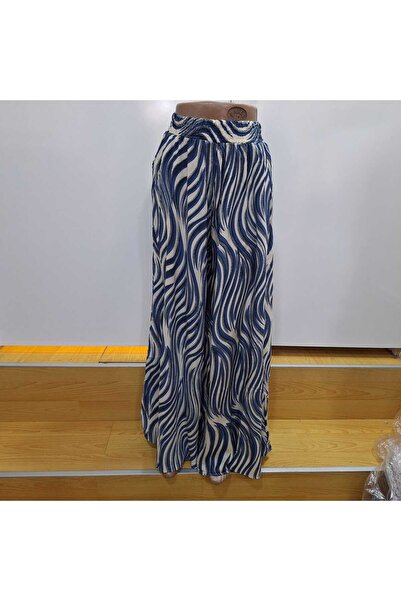 NUR TEKSTİL kadın lacivert desenli pamuklu viskon beli lastikli cepli bol paç...