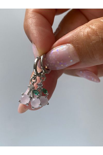 kurukafagift Pink Cherry Stone Silver Color Mini Double Earrings