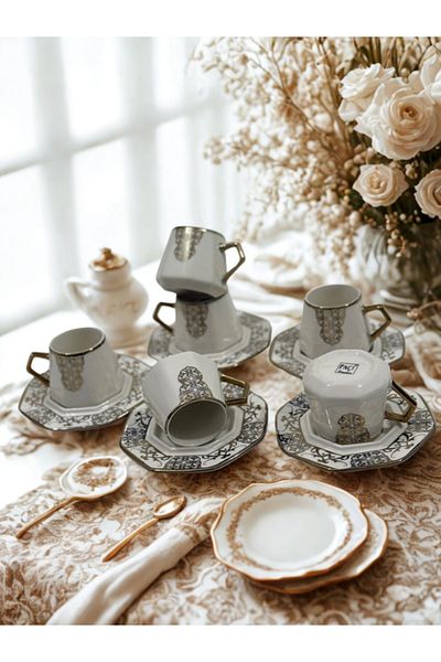 Paçi Valencia 6-Piece Gilded Coffee Cup Set – Gift Boxed, 90 Ml, Porcelain