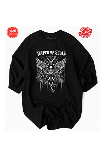 Korefanzin Gotik Tarzda İskelet Dead Melek tasarımlı Unisex Siyah %100 Pamuklu Oversize Premium Tişört T-shirt