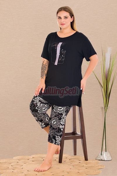 quilling Black Color and Flower Pattern 10729 Cotton Big Size Leggings and Capri Maternal Pajamas