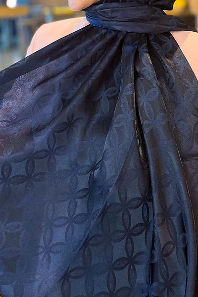 Sultan Eşarp Sultan Jacquard Shawl - Flower Pattern - Slj001-02 - Navy Blue