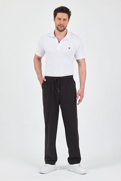 kırtex sport k teks şekil Men's Brown Relaxed Fit Linen Trousers - Elastic Waist, Cotton, Summer