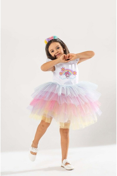 YAĞMUR KOStütüM Taç Hediyeli My Melody Gökkuşağı Temalı Kız Çocuk Beyaz Doğum...