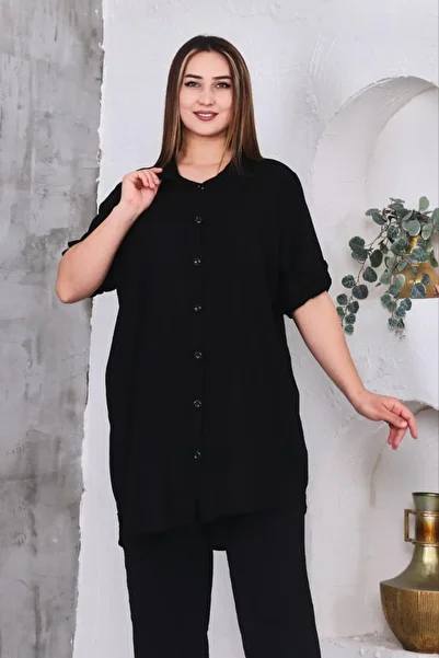 Sevda Kılınç Large Size Plain Woven Viscose Shirt