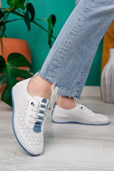 ÇAĞ AYAKKABI Genuine Leather Women's Casual Shoes White&Blue