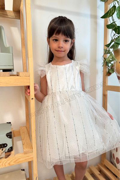 penu baby kids Λευκό μισό μανίκι στάμπα ριγέ τούλι Κοριτσίστικο φόρεμα για κορίτσια