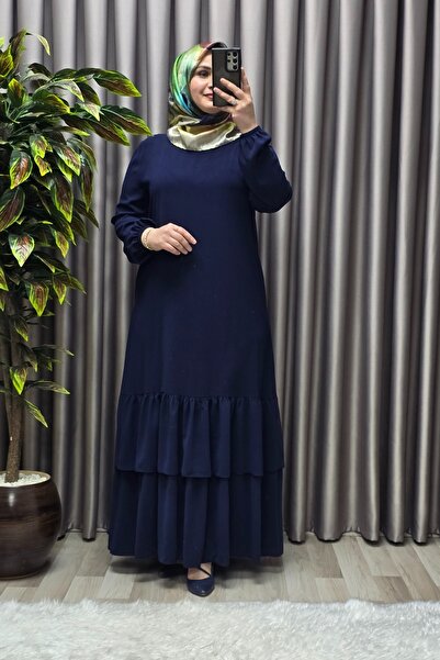 Elmas Tesettür Kadın Tesettür Giyim Büyük Beden İki Katlı Krep Elbise