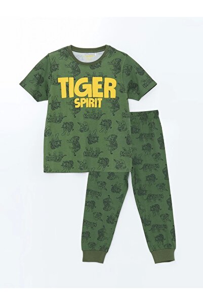 LC Waikiki Lcw Kids Green Crew Neck Printed Boys' Pajamas Suit