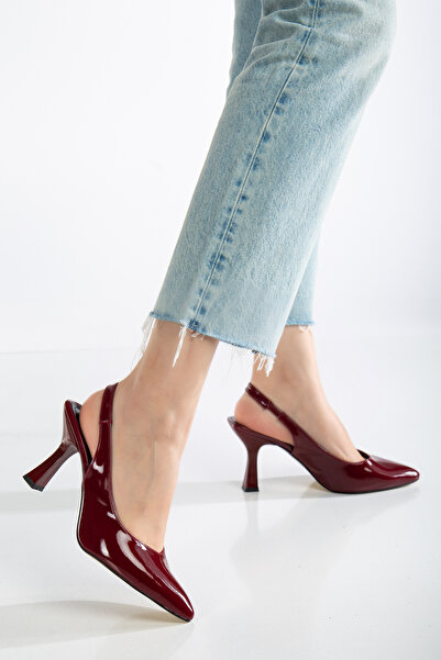 Savves Women's Burgundy Patent Leather Pointed Toe Open Back Heeled Shoes