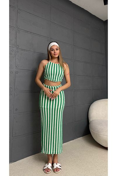 TİENDEROPA Women's Striped Knitwear Crop Top and Slit Maxi Skirt Set - Summer Set of Two