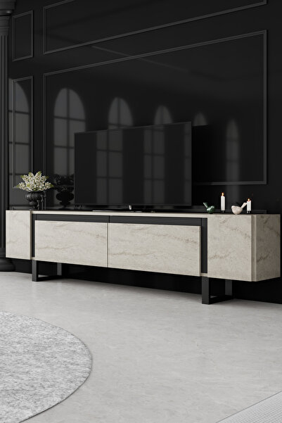 Modatte YILDIZ SİYAH METAL AYAKLI SİYAH TASARIM TRAVERTEN MERMER TV SEHPASI