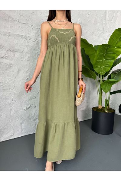 Elif Özbey Butik Khaki Gipe Embroidery Detailed Muslin Dress