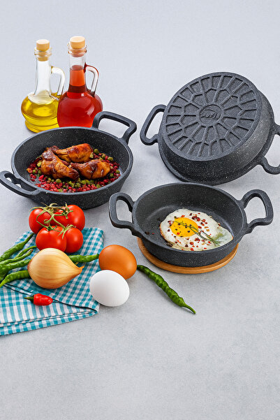 Miomi 3'lü Set Döküm Siyah Granit Sahan Tava 22cm-20cm-18cm