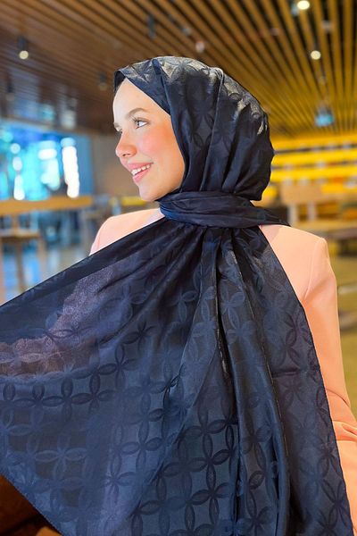 Sultan Eşarp Sultan Jacquard Shawl - Flower Pattern - Slj001-02 - Navy Blue