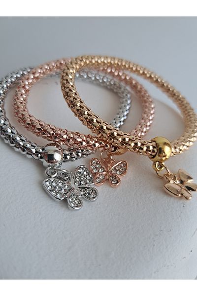BHR AKSESUAR Gold Silver Bronze Triple Zircon Stone Butterfly Charm Bracelet