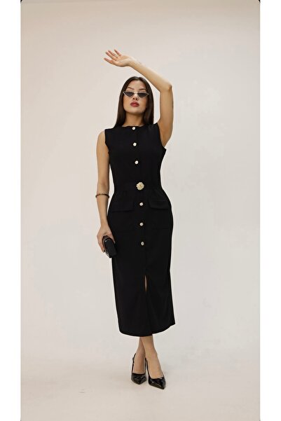 Meros Atelier Zr Model Kadın Premium Kumaş Siyah Gold Düğmeli Kemerli Yırtmaçlı Midi Boy Krep Elbise