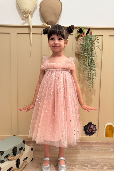 penu baby kids Powder Star Printed Tulle Ruffle Strap Sleeve Cotton Lined Girl's Baby Girl Dress