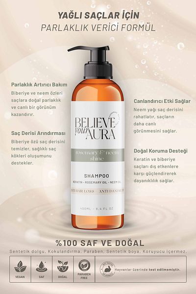 Believe Your Aura Rosemary and Neem Oil Shampoo - Anti-Dandruff Shine Boosting Natural Hair Care Shampoo - 400 ml
