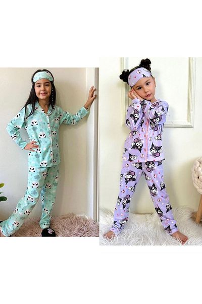 PİJAKİDS Pijakids Kuromi Patterned and Teddy Bear Front Buttoned 2 Pcs Pajamas Set Lilac and Green 50138